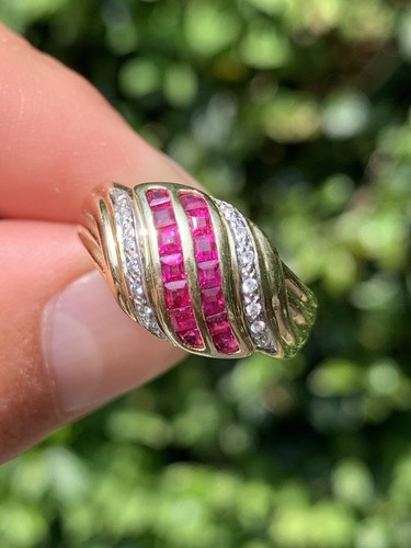 14 Carat Gold Diamond & Ruby Princess Cut Large Heavy Cluster Ring 4.8 Grams 