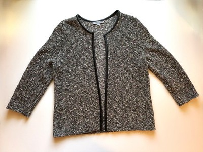 Classiques Entier Open Front Cardigan Boucle Knit Black Leather Trim sz L