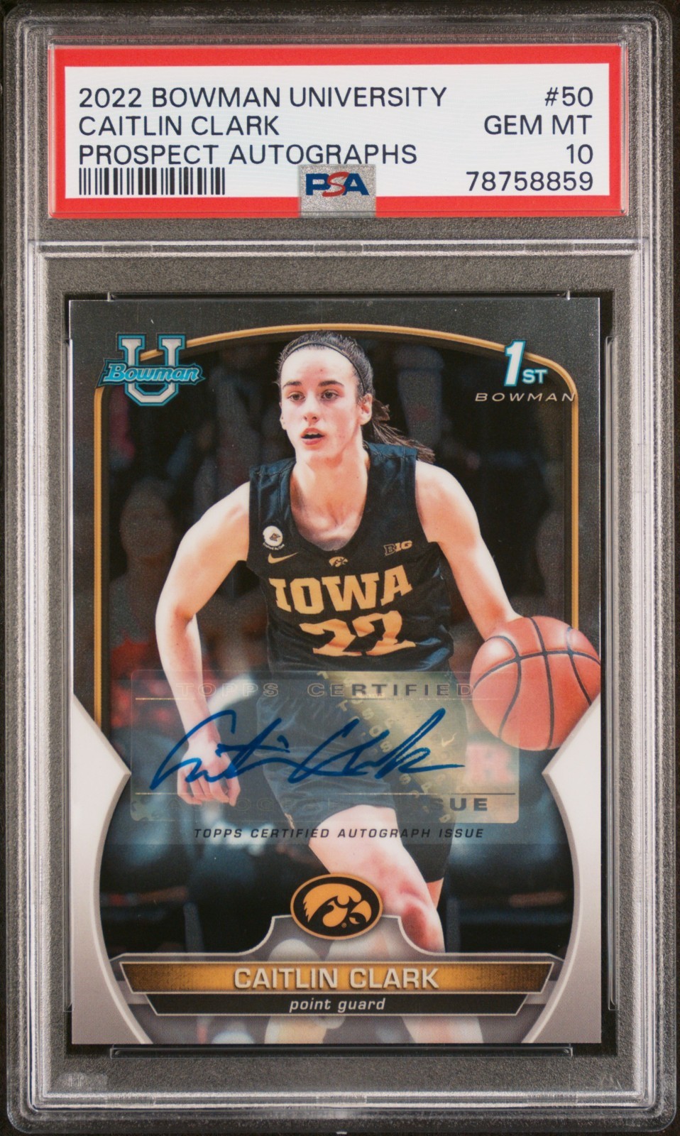 2022 Bowman University Prospect Caitlin Clark #50 Rookie RC 1st Auto PSA 10