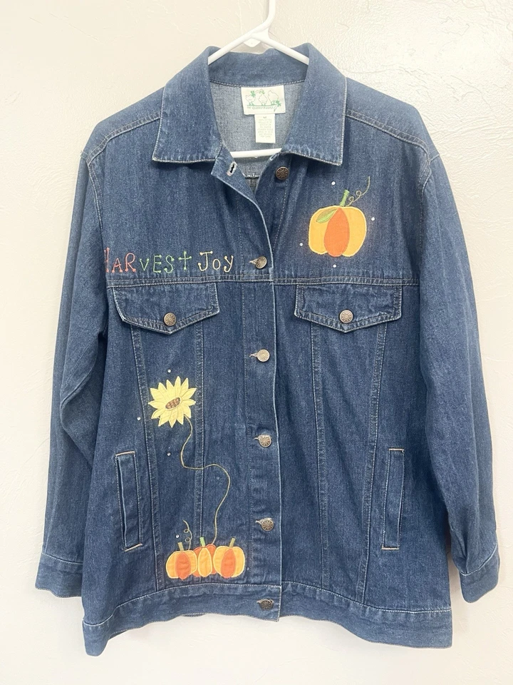 VTG Quacker Factory Denim Jacket Womens M Scarecrow Pumpkin Fall Embroidered - Image 4 of 4