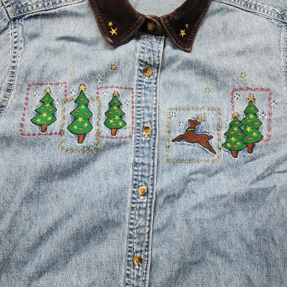 Vintage Basic Editions Holiday Top Womens S Blue Denim Velvet Collar Embroidered - Image 3 of 4
