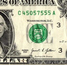 5 of a kind Fancy Serial Number One Dollar bill C45057555A