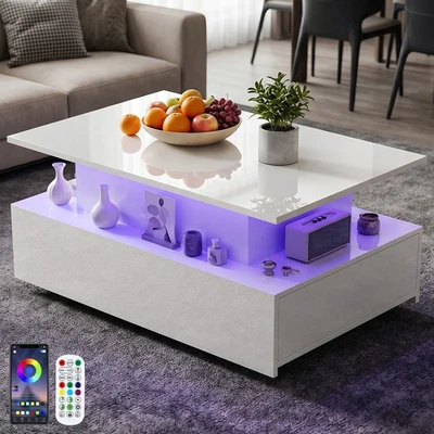 High Gloss LED Coffee Table With Hidden Storage Lift Top & 2 Drawers Etgdgerrkiw - Image 1 of 4