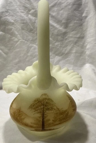 Fenton Hand Painted Ruffled Basket Satin Yellow Custard Log Cabin Signed Uranium