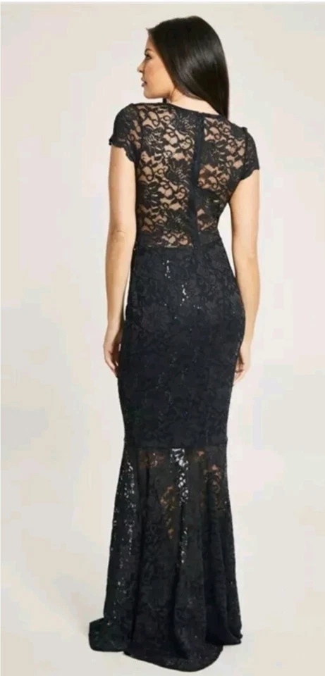 KENNEDY BLACK V NECK SEQUIN LACE FISHTAIL MAXI DRESS Womens REF CL5 - Image 2 of 4