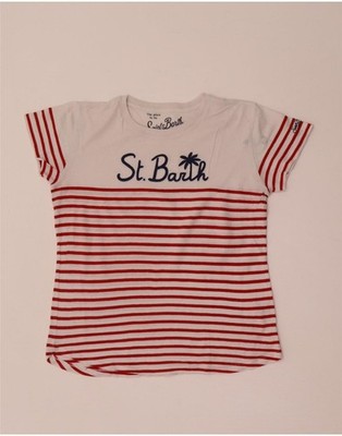 Saint Barth grafisches Damen-T-Shirt Oberteil UK 10 Small weiß gestreift Baumwolle BX03