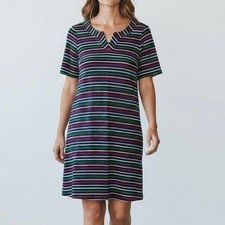 Talbots Shift Dress Rainbow Stripe split neck Short Sleeve Stretch Cott size XL