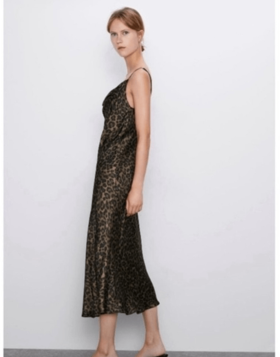 Zara green and black leopard print satin midi slip dress size XS