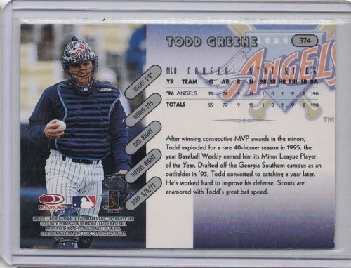 Tarjeta de novato 1997 firmada Donruss #374 Todd Greene tarjeta de béisbol de radiocontrol Anaheim Angels - Imagen 2 de 2