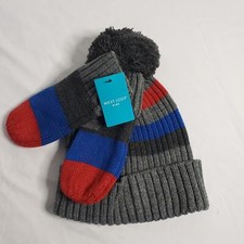 West Loop Kids One Size Winter Hat Glove Set Gray Blue Red Stripe Neutral New