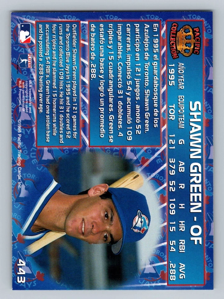 Shawn Green 1996 Pacific Crown Collection #443 Toronto Blue Jays Baseball Card - Image 2 of 2