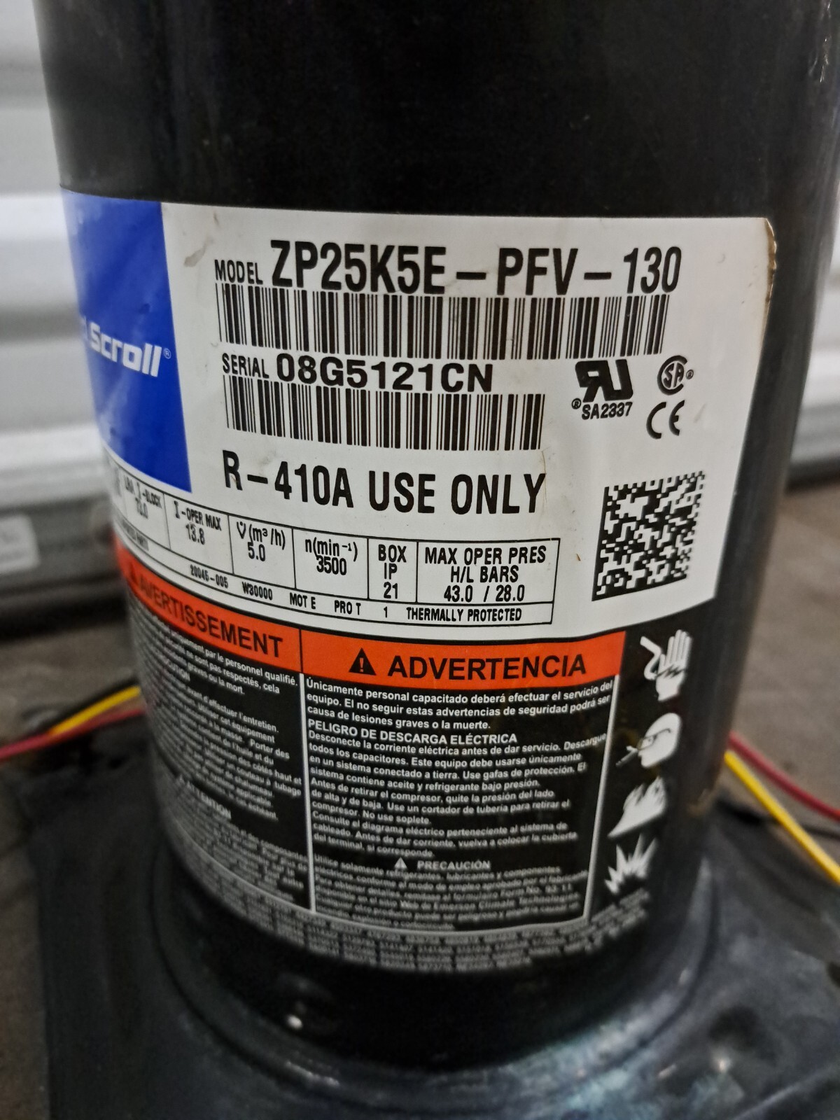 Emerson Copeland scroll compressor ZP25K5EPFV130 230V 25,000 BTUH