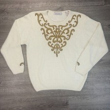 VTG Retro 90s Fancy Karen Scott Cream w/ Gold Beading Silk Angora Sweater Sz Lrg