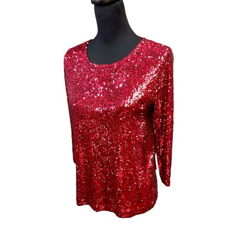 Top tunica Caroline Rose rosso con paillettes in maglia, taglia XSP - Foto 4 di 7