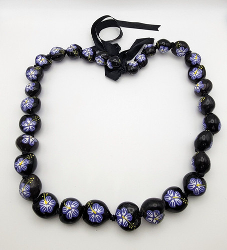 Hawaiian Purple Hibiscus Flower Kukui Nut Lei Necklace Ribbon Tie Black