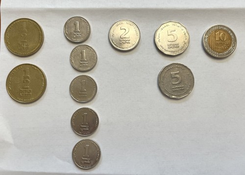 LOT OF 11 ISRAELI NEW SHEKELS SHEQALIM SHEQELIM COINS CURRENCY 28 SHEKELS TOTAL