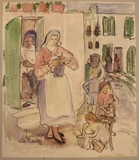 Signed Celine Robellaz (1903-1984) expressionist painting watercolor street 