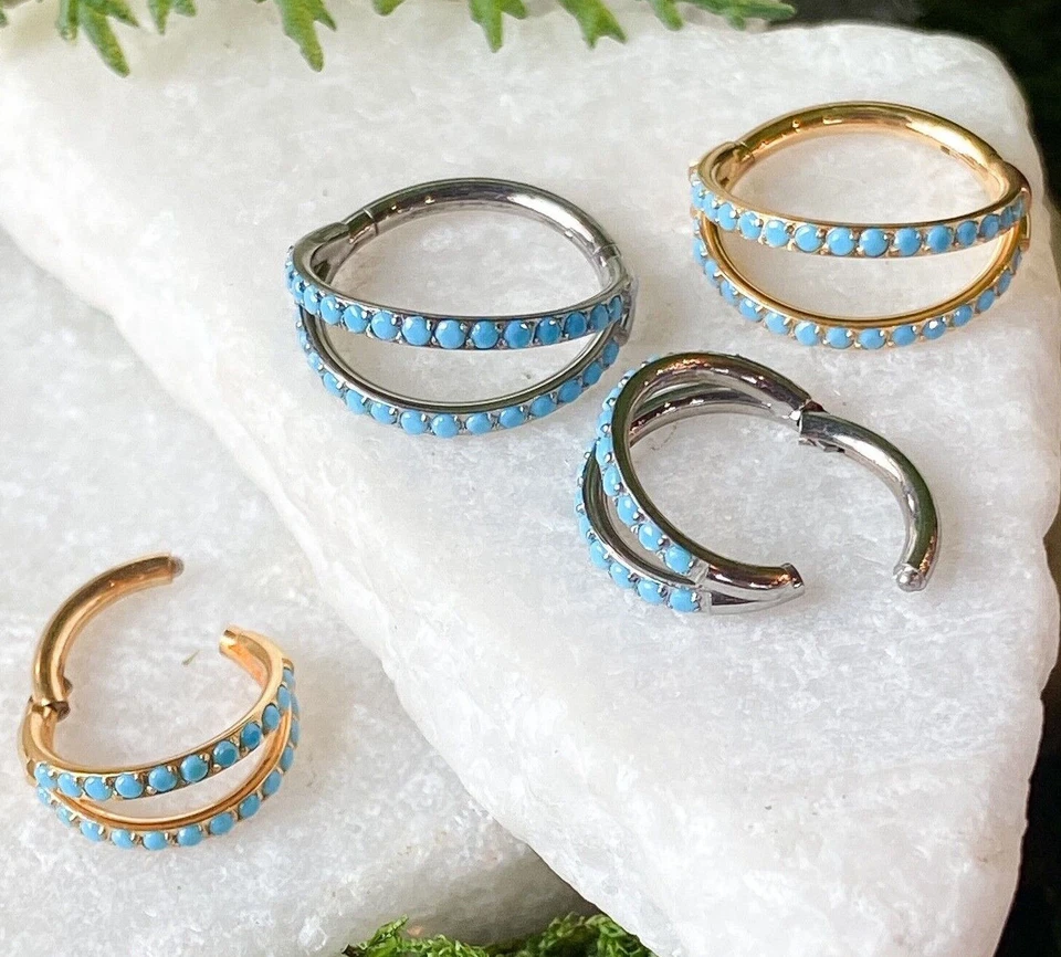 1 peça anel segmento articulado titânio duplo exterior turquesa septo argola hélice Daith - Imagem 2 de 4