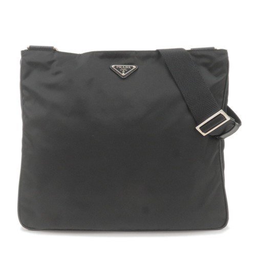 PRADA Logo Shoulder Bag NERO Black Nylon Leather VA0348 Auth Used