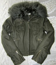Label Lab Military Bomber Style Wool Jacket Mongolian Fur Collar Khaki Sz 12