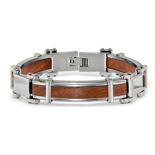 *NUEVO* Pulsera de eslabones con incrustaciones de madera pulida de acero inoxidable cincel SRB2161-8,25 Foto 4 de 4