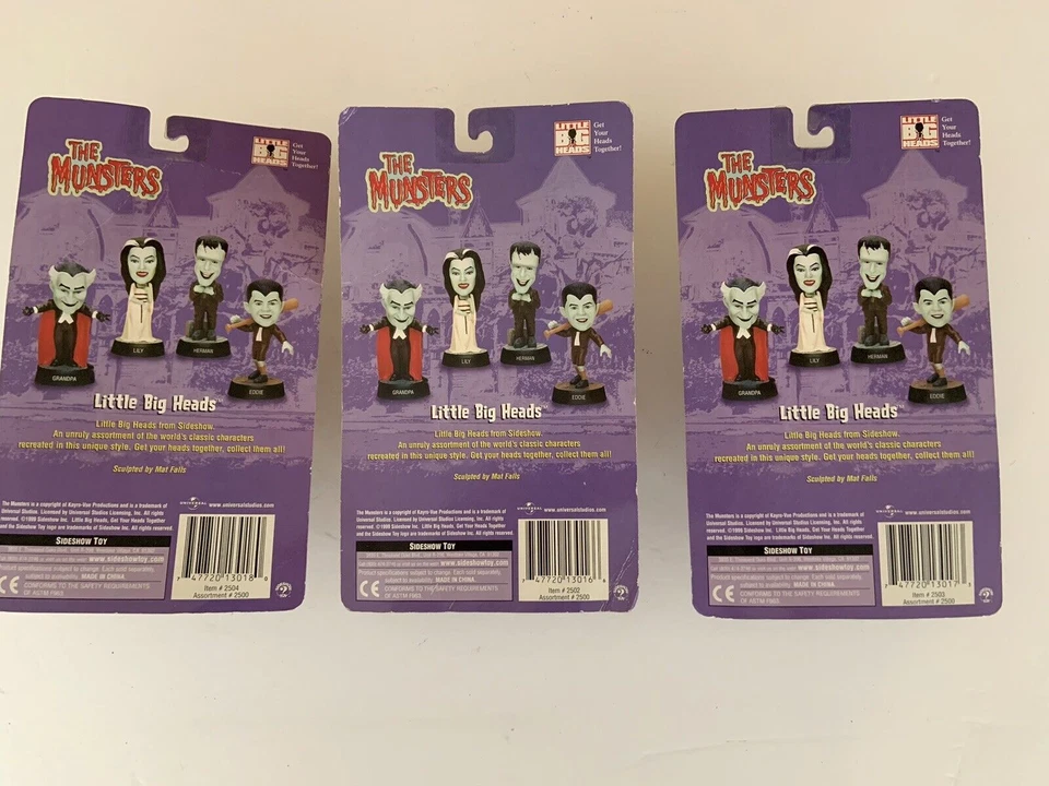 Juego de 3 cabezas grandes Munsters sin abrir 1999 abuelo Lily Eddie 3,5" de alto Foto 3 de 4