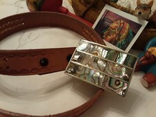 VINTAGE HANDTOOLED 28" LEATHER BELT WITH AMAZING INLAYED ABALONE SILVER BUCKLE