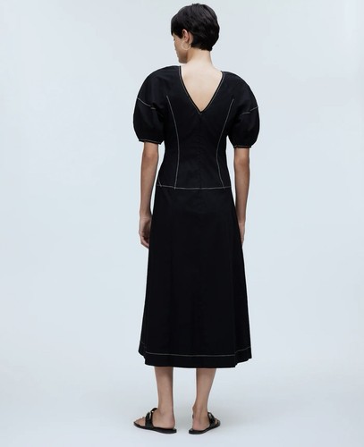 NWT Madewell Womens Puff Sleeve Drop Waist Midi Dress 00 100% Cotton Black - Picture 3 of 15