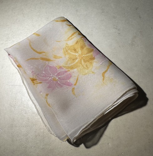 Vintage Ivory With Hand Painted Yellow +Pink Flowers Silk Scarf Pre-owned - Picture 8 of 8