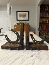 Vintage 1970s Horseshoe Bookends Wood Metal Rustic Western Cabin Lodge Decor