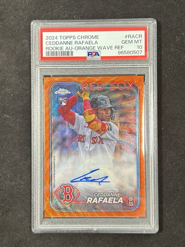 🔥2024 TOPPS CHROME CEDDANNE RAFAELA RC AUTO ORANGE WAVE REF 08/25 PSA 10🔥