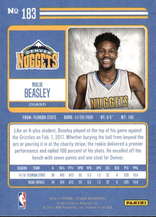2016-17 Panini Studio Malik Beasley #183 Denver Nuggets 20I - Image 2 of 2