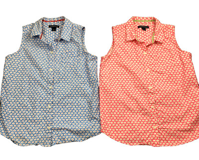 Lot of 2 Lands End Girls Sleeveless Button Up Tops Sz L Pink Blue Floral Collar