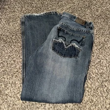 FlyPaper Mens Relaxed Straight Jeans 34X32 Dark Blue Distressed Design 5 Pocket