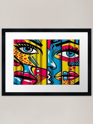 Retro Pop Art Gesichter Duschvorhang gerahmt Wandbild Poster Leinwanddruck Bild