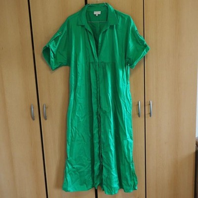 Milano Kleid Gr. 42 Grün Baumwolle Hemdblusenkleid Maxi Vintage Style Neuwertig