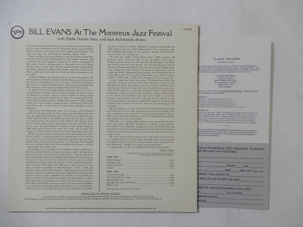 Bill Evans At The Montreux Jazz Festival Verve V6-8762 US 180 g VINYL LP