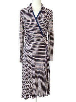 L.K. Bennett Wrap Dress Womens 8 Navy Cream Geometric Print Long Sleeve Midi
