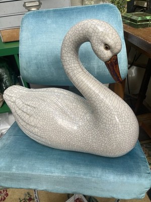 Vintage Keramik weiß glänzend Crackle Glasur Schwan Skulptur groß Landhaus Bauernhaus