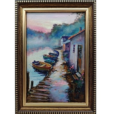 Boats Original Oil Painting 4x6 Framed Signed Harbor Seascape Coastal Wall Art