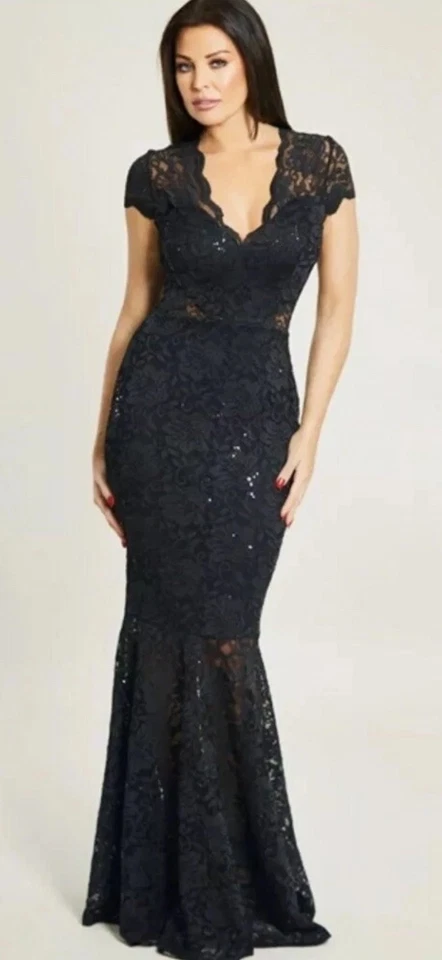 KENNEDY BLACK V NECK SEQUIN LACE FISHTAIL MAXI DRESS Womens REF CL5 - Image 1 of 4