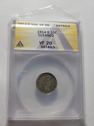 1914-S Barber Dime VF20 ANACS DETAILS - Cleaned