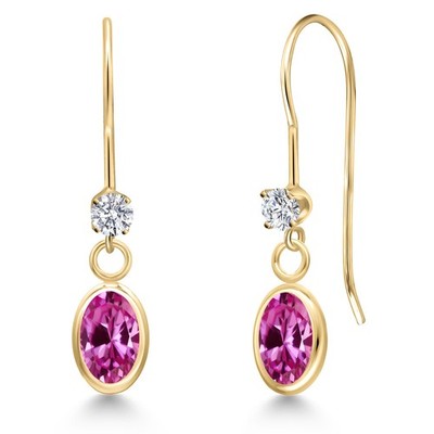 14K Yellow Gold Pink Created Sapphire and Lab Grown Diamond Dangle Earrings for