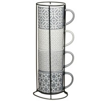Jumbo Embossed Stacking Mug Set with Metal Rack Tea, Coffee Cups 470ml