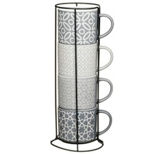 Jumbo Embossed Stacking Mug Set with Metal Rack Tea, Coffee Cups 470ml
