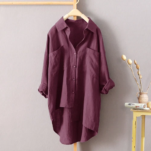 Womens Cotton Linen Button T Shirt Asymmetry Blouse Long Sleeve Tops Tee Shirts - Picture 7 of 23
