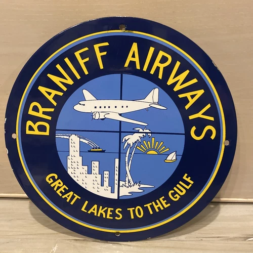 VINTAGE BRANIFF AIRWAYS PORCELAIN SIGN SALES SERVICE GAS OIL AVIATION AIRPLANE