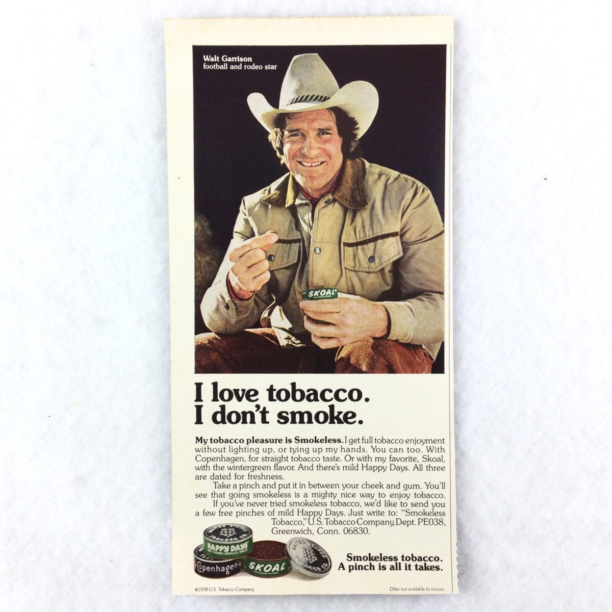 cowboy discount tobacco mustang ok Smokeless Chewing Dip Tobacco 1978 PRINT AD Walt Garrison Football Rodeo  Star
