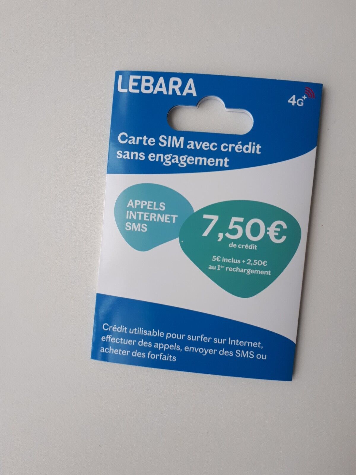 Carte sim prépayée lebara mobile 4G 7,5€ de credit inclus(reseau