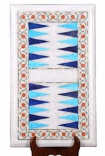 18" x 12" Marble Backgammon Coffee Table Top Turquoise Inlay Decor